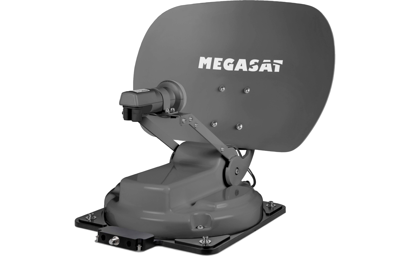 Satellitenschüssel mit abgerundetem Reflektor, dem weißen Schriftzug 'MEGASAT', Feedarm mit LNB und montierter Basisplatte