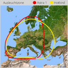 Reliefkarte von Europa mit Teilen Nordafrikas und Westasiens, überlagert von zwei Ovalen in Rot und Gelb; oben Legende mit dem Wort 'Ausleuchtzone' und farbigen Punkten beschriftet 'Astra 1' (rot) und 'Hotbird' (gelb)
