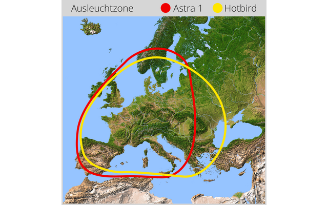 Reliefkarte von Europa mit Teilen Nordafrikas und Westasiens, überlagert von zwei Ovalen in Rot und Gelb; oben Legende mit dem Wort 'Ausleuchtzone' und farbigen Punkten beschriftet 'Astra 1' (rot) und 'Hotbird' (gelb)