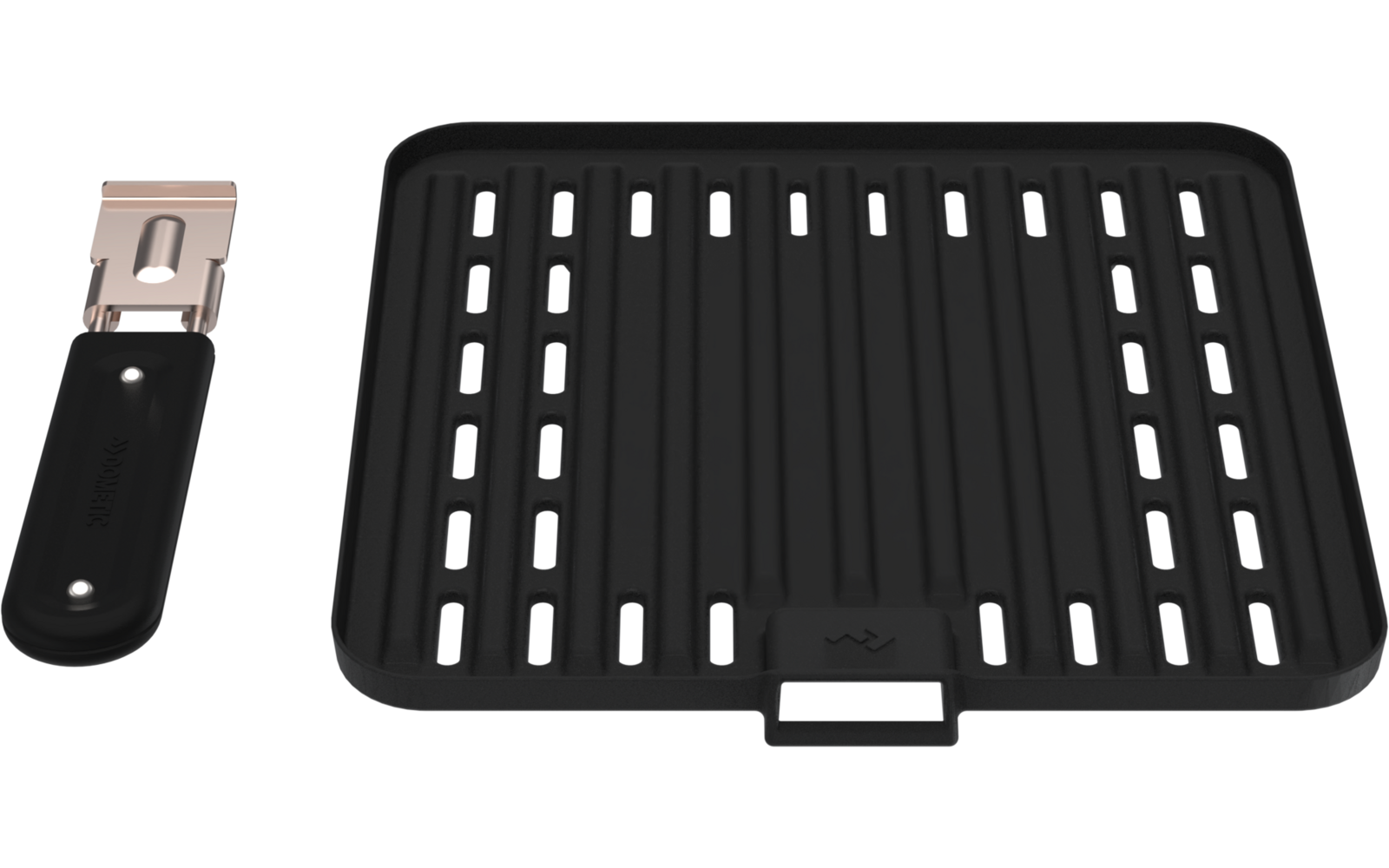 rechteckige schwarze Grillplatte mit Längsrillen und rechteckigen Ablauflöchern, daneben ein separater schwarzer Griff mit Metallsteg