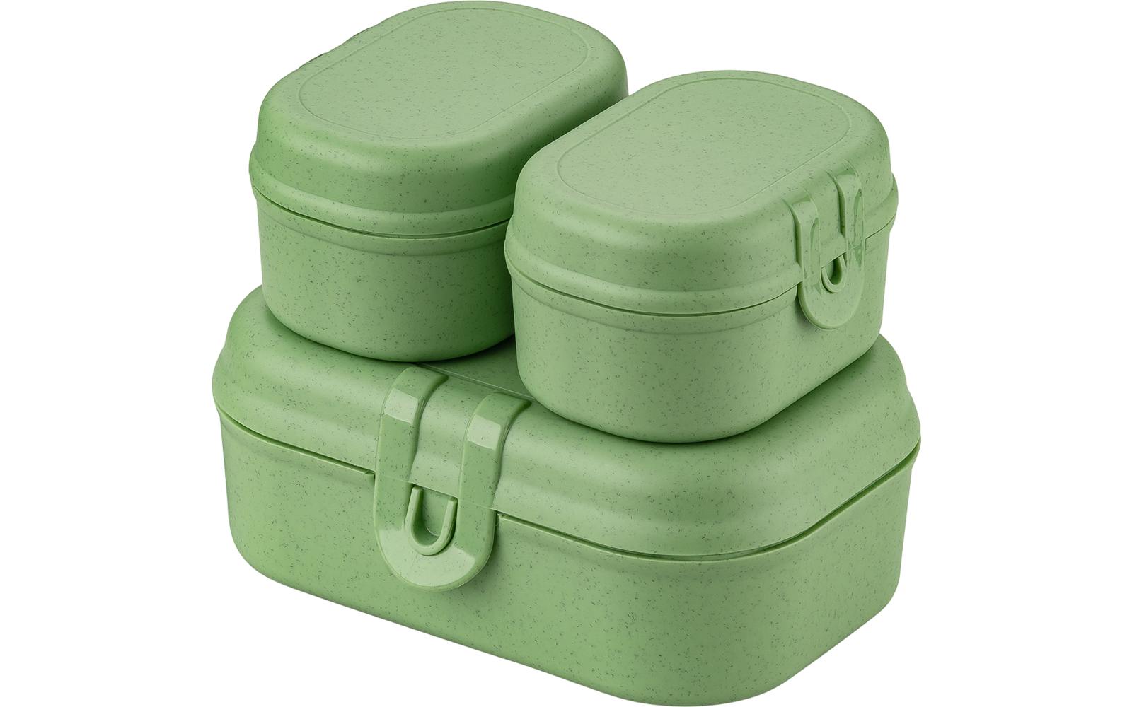 Trois boîtes vert clair empilées, coins arrondis et fermoirs à clip, deux petites sur une plus grande, surface finement mouchetée