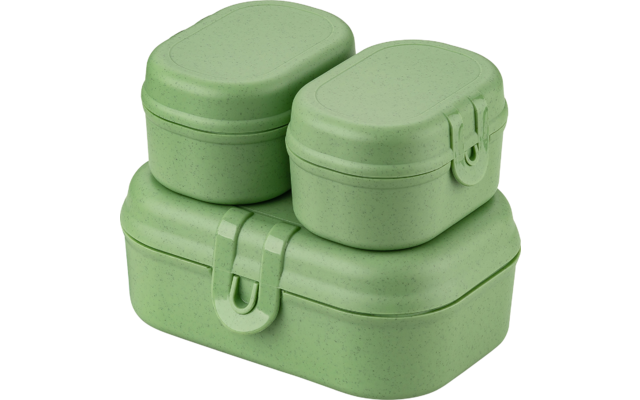 Trois boîtes vert clair empilées, coins arrondis et fermoirs à clip, deux petites sur une plus grande, surface finement mouchetée