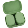 Récipient rectangulaire vert avec couvercle ouvert, deux inserts ovales à l'intérieur et surface légèrement tachetée