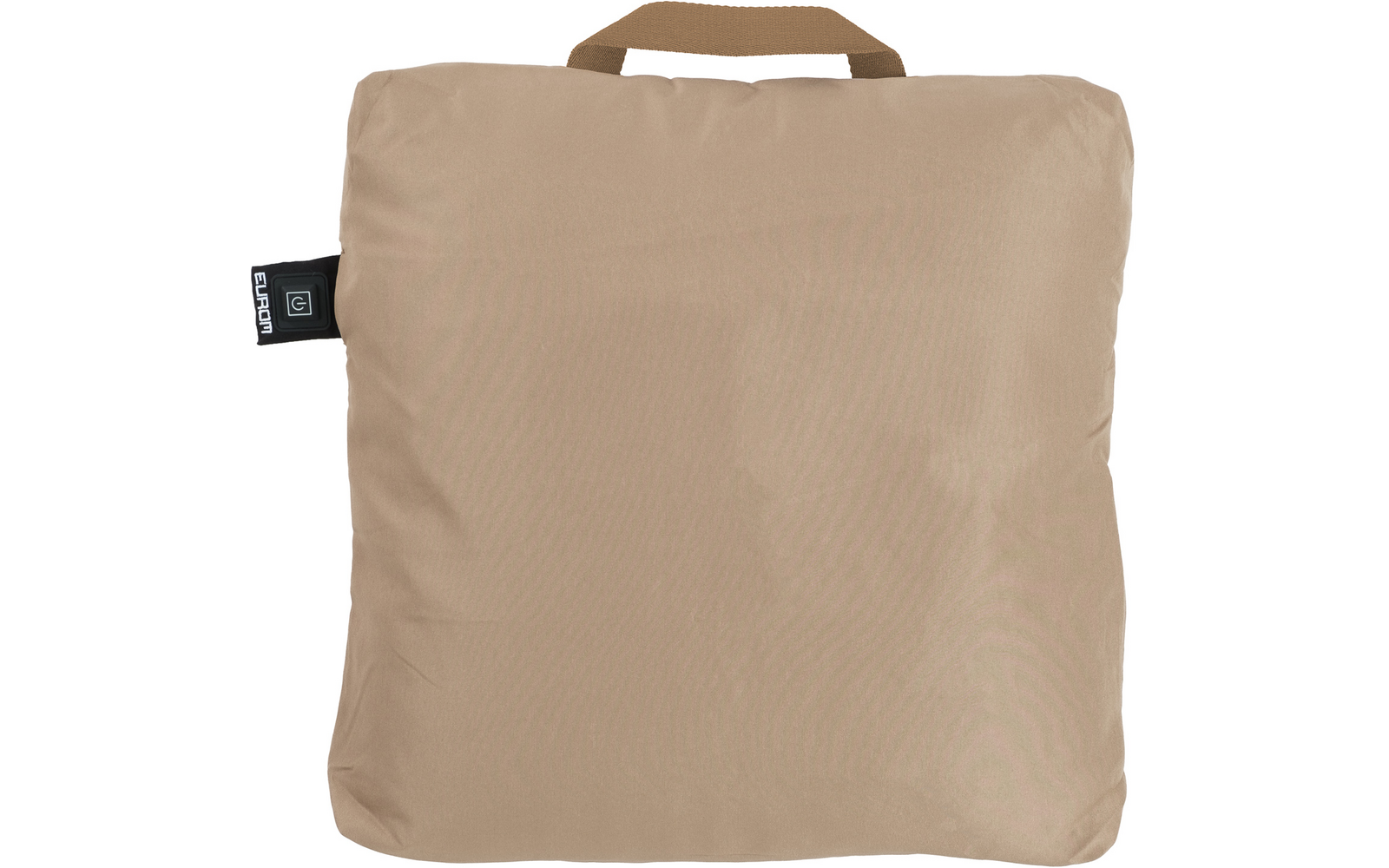 Beige vierkant kussen met draaglus bovenaan en een klein zwart label aan de linkerkant