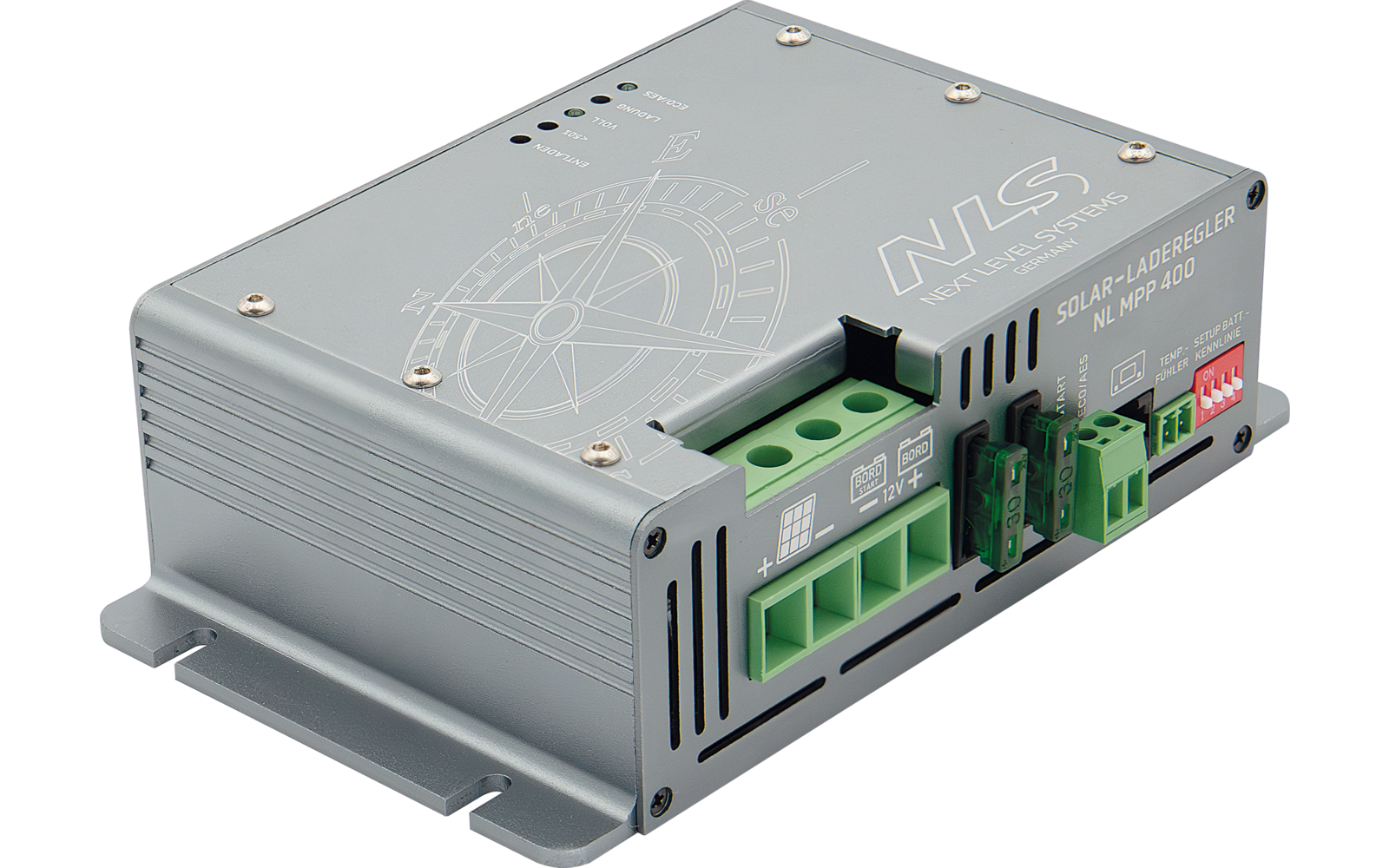 Graues rechteckiges Metallgehäuse mit Kompassgrafik und 'NS'-Logo, mehreren Schrauben, grünen Steckklemmen, Lüftungsschlitzen und roten DIP-Schaltern