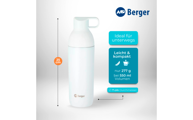 Berger Edelstahl Trinkflasche mit 2-in-1 Deckel 550 ml - schwarz matt
