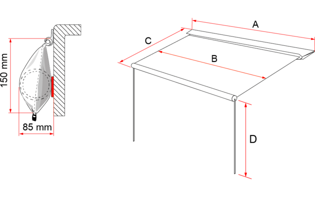 Zwei schematische Schwarz-Weiß-Zeichnungen. Links ein zusammengerolltes Stoffpaket an einer senkrechten Wandhalterung, rote Pfeile zeigen Maße. Rechts ein ausgefahrenes rechteckiges Stoffdach, hinten an der Wand befestigt, vorne von zwei senkrechten 