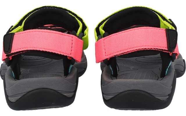 Paar graue Sandalen, Rückansicht, pinke Klettverschlüsse, neongelbe Fersenriemen und schwarze Sohlen