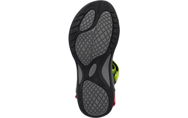 Unterseite einer Schuhsohle, schwarz mit grauen strukturierten Flächen, neon-grüner Stoffrand und kleine rote Akzente