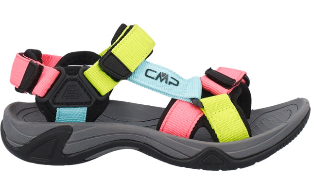 Sportliche Sandale mit grauer Sohle, neonpinken, neongelben und hellblauen Riemen, schwarzen Schnallen und Aufdruck "CMP"