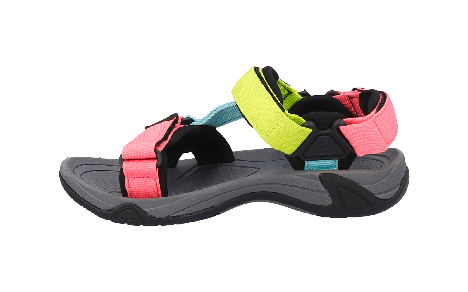 Graue Sandale mit dunkler Sohle und pinken, neon-gelben und türkisfarbenen Klett-Riemen, Seitenansicht