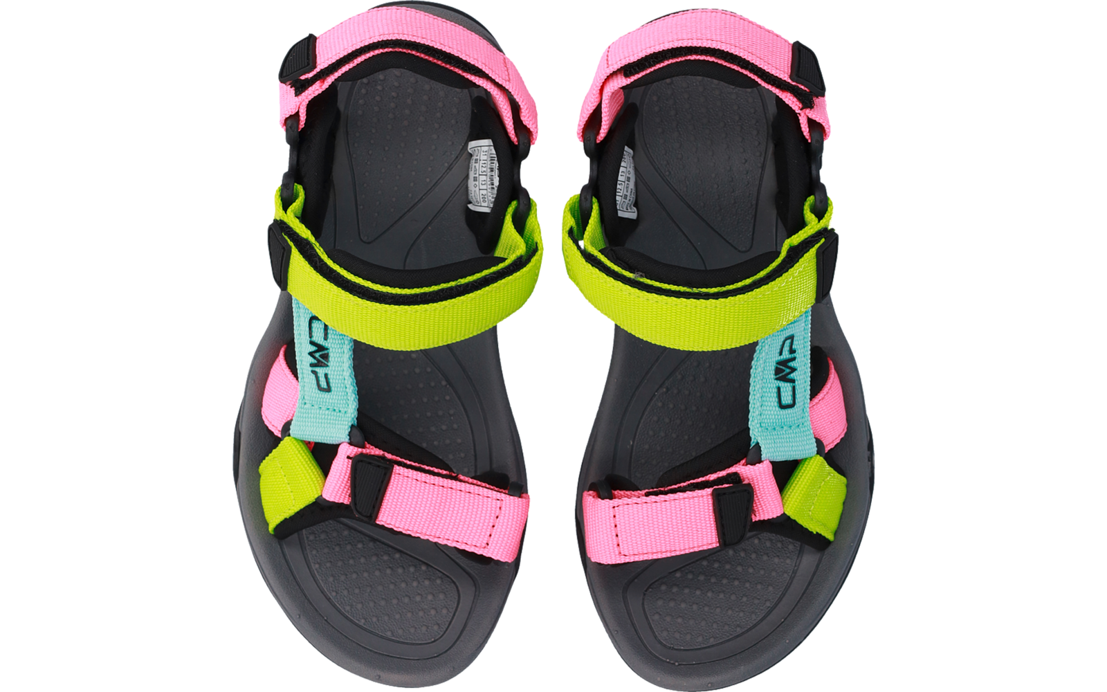 Zwei offene Sandalen von oben, schwarze Sohlen, pinke, neongelbe und türkise Klettverschlüsse