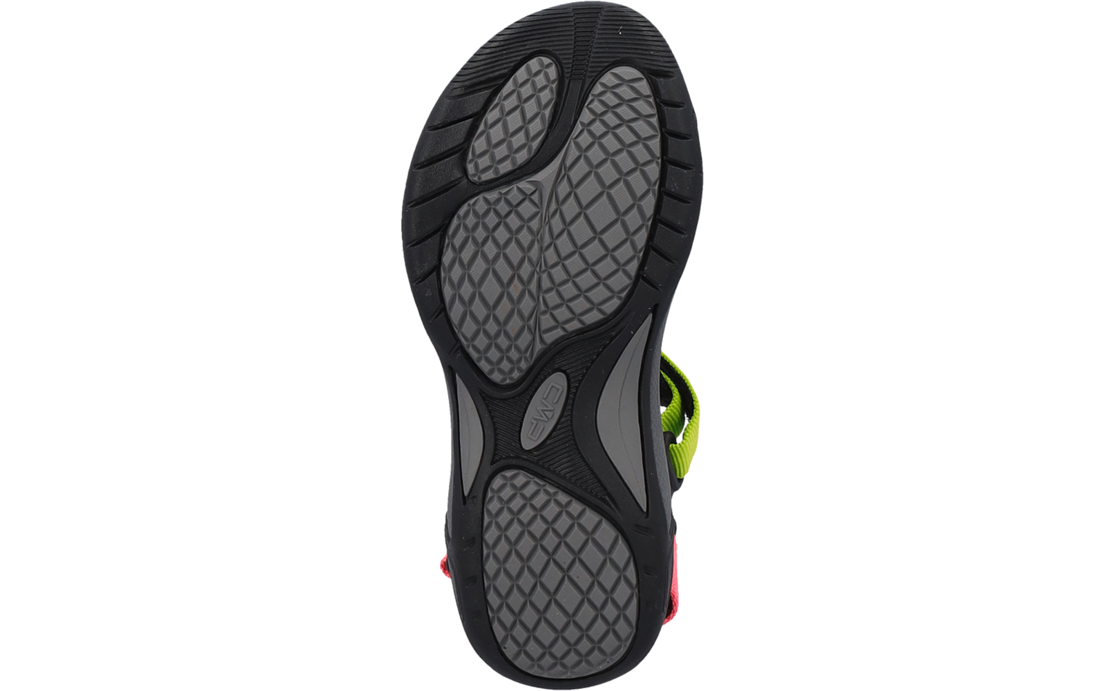 Unterseite einer Schuhsohle, schwarz mit grauen strukturierten Flächen, neon-grüner Stoffrand und kleine rote Akzente