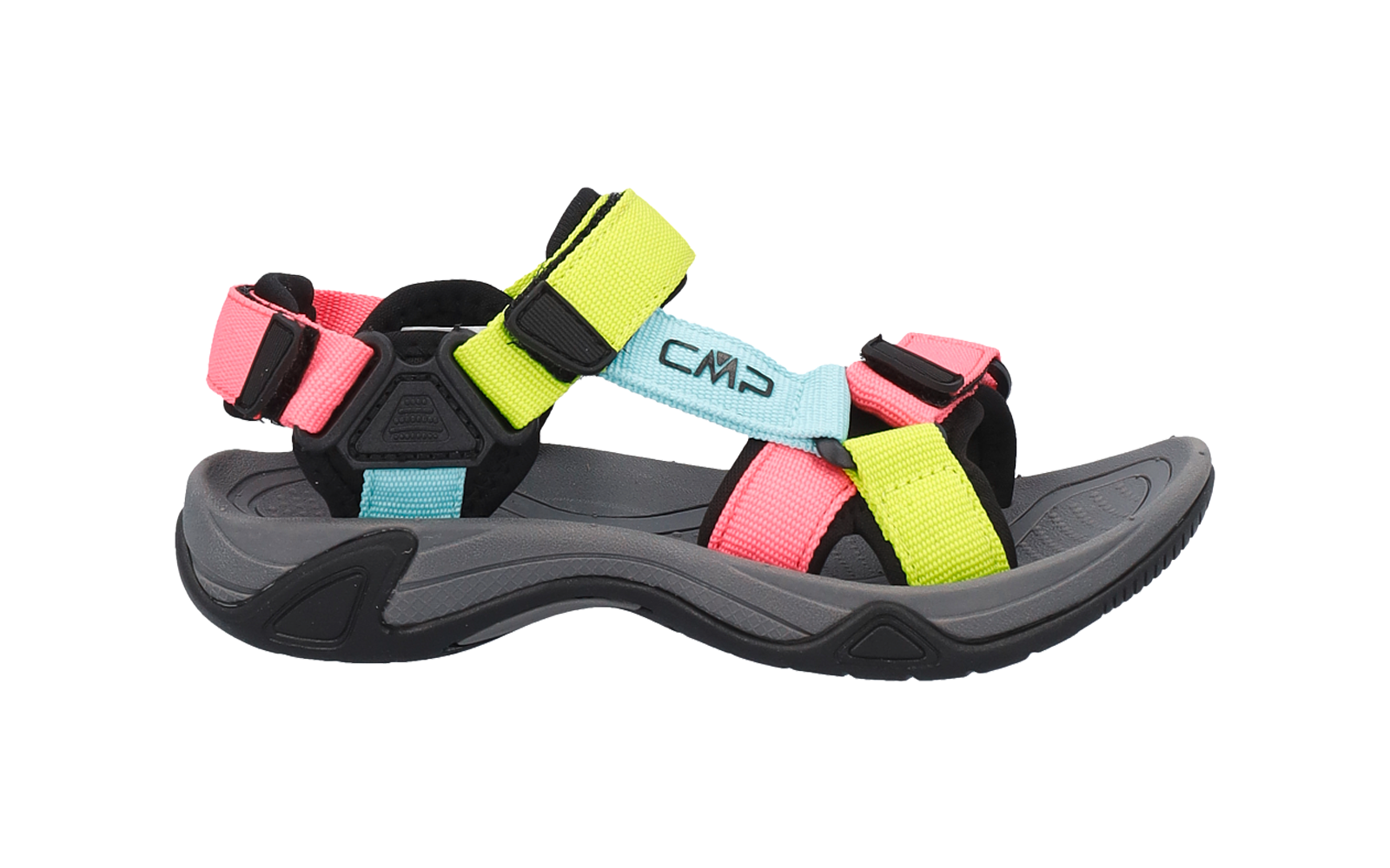 Sportliche Sandale mit grauer Sohle, neonpinken, neongelben und hellblauen Riemen, schwarzen Schnallen und Aufdruck "CMP"