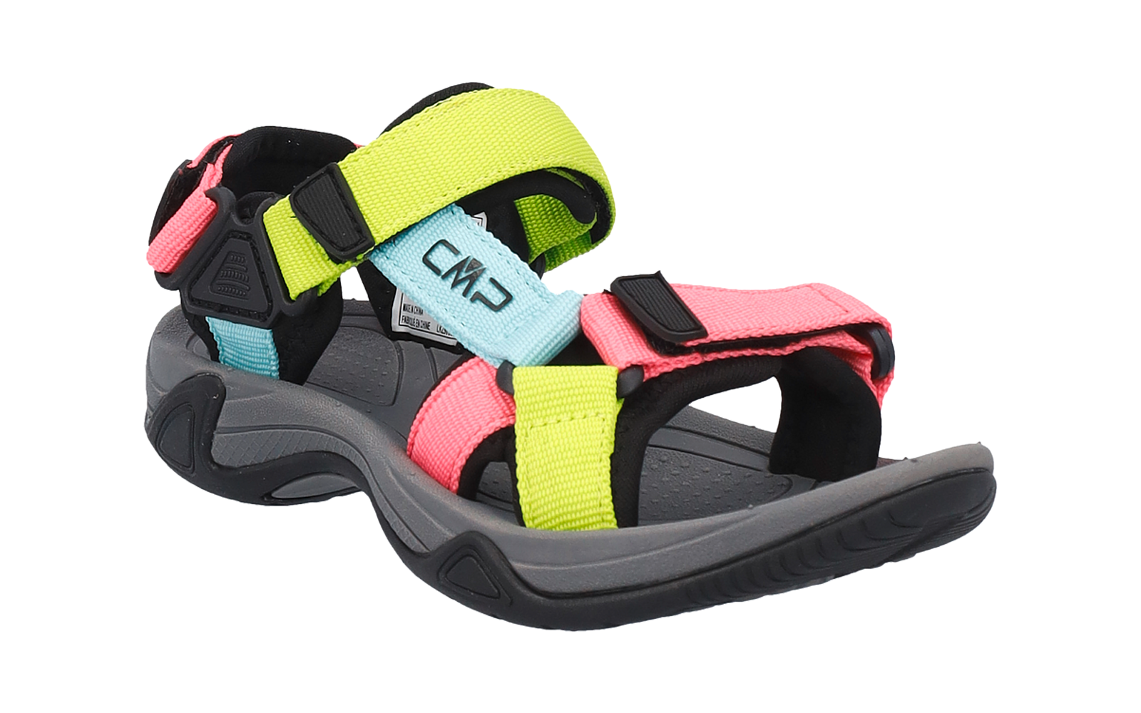Eine einzelne, offene Sandale mit grauer Sohle, schwarzem Fußbett und drei verstellbaren Klettverschlüssen in Gelb, Rosa und Hellblau; Aufschrift 'CMP' auf dem hellblauen Riemen
