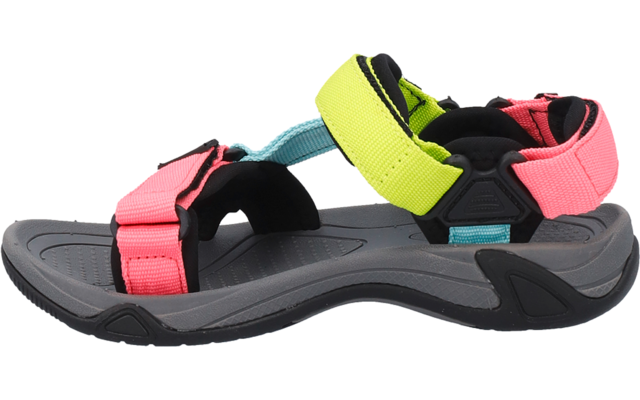 Graue Sandale mit dunkler Sohle und pinken, neon-gelben und türkisfarbenen Klett-Riemen, Seitenansicht