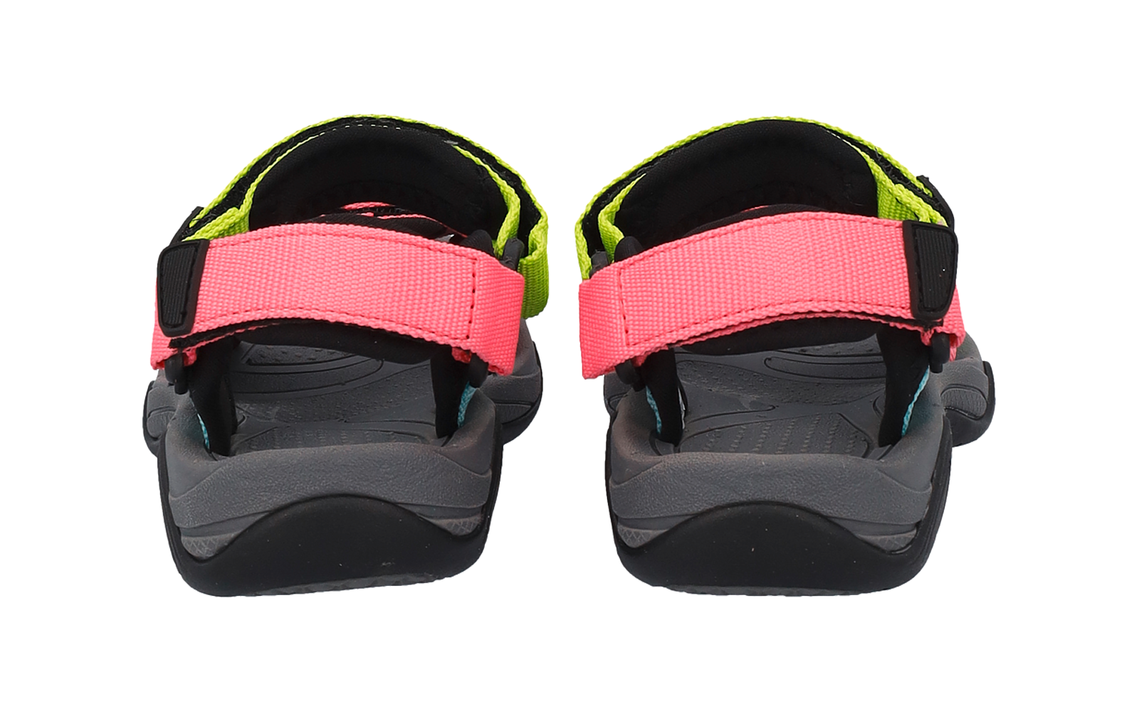 Paar graue Sandalen, Rückansicht, pinke Klettverschlüsse, neongelbe Fersenriemen und schwarze Sohlen