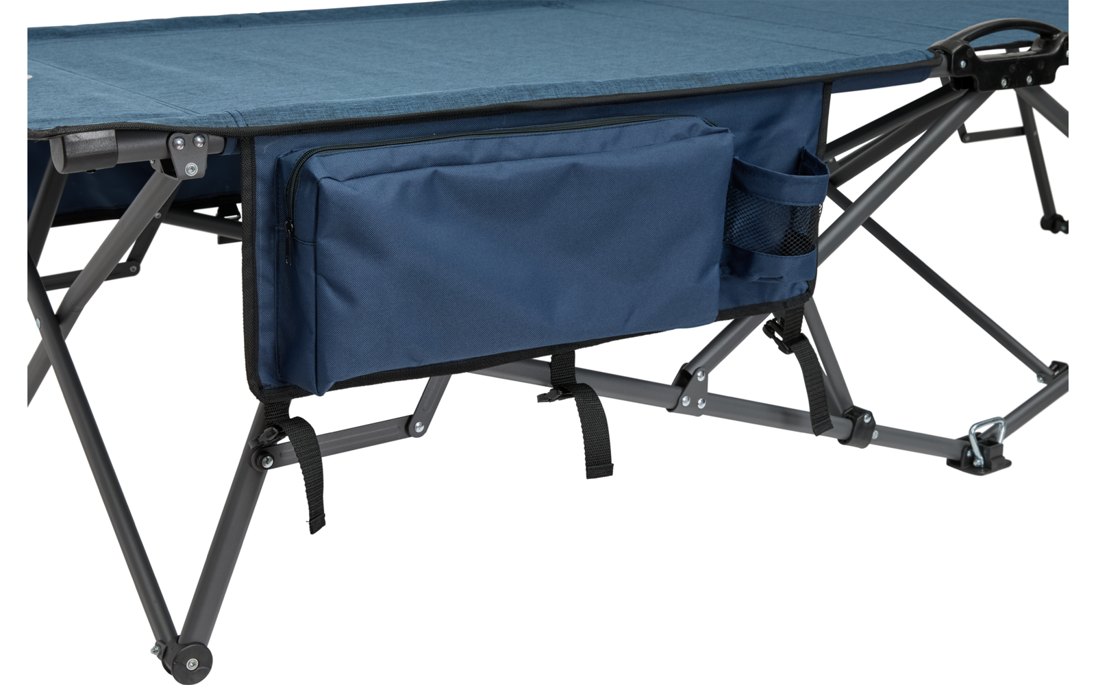 Klappbare Campingliege mit blauem Stoff und schwarzem Gestell