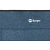 Blaue Stofffläche mit schwarzem Rand oben, zwei horizontalen Nähten und weißem Schriftzug 'Berger' in der oberen rechten Hälfte
