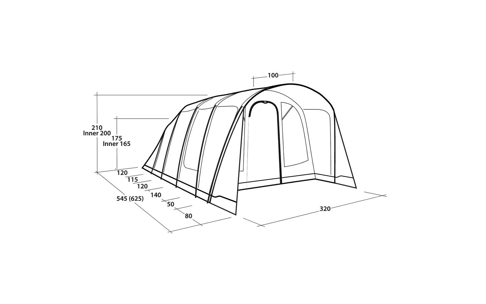 Zwart-wit technische tekening van een tent met meerdere bogen, ramen en maatlijnen