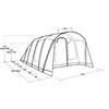 Zwart-wit technische tekening van een tent met meerdere bogen, ramen en maatlijnen