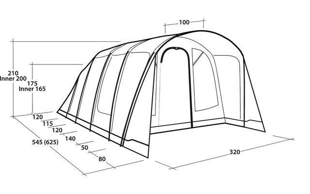 Zwart-wit technische tekening van een tent met meerdere bogen, ramen en maatlijnen