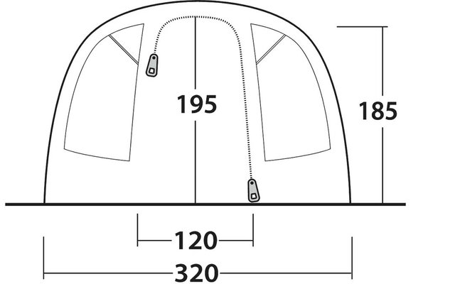 Vooraanzicht van een koepelvormige structuur met twee rechthoekige zijopeningen, een verticale ritslijn met twee ritsers, een grondlijn en afmetingen '195' (midden), '185' (rechts), '120' en '320' onderaan