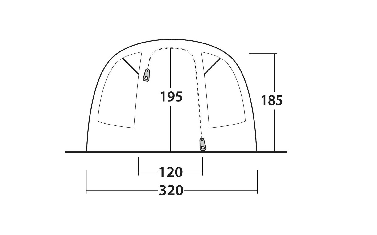 Vooraanzicht van een koepelvormige structuur met twee rechthoekige zijopeningen, een verticale ritslijn met twee ritsers, een grondlijn en afmetingen '195' (midden), '185' (rechts), '120' en '320' onderaan