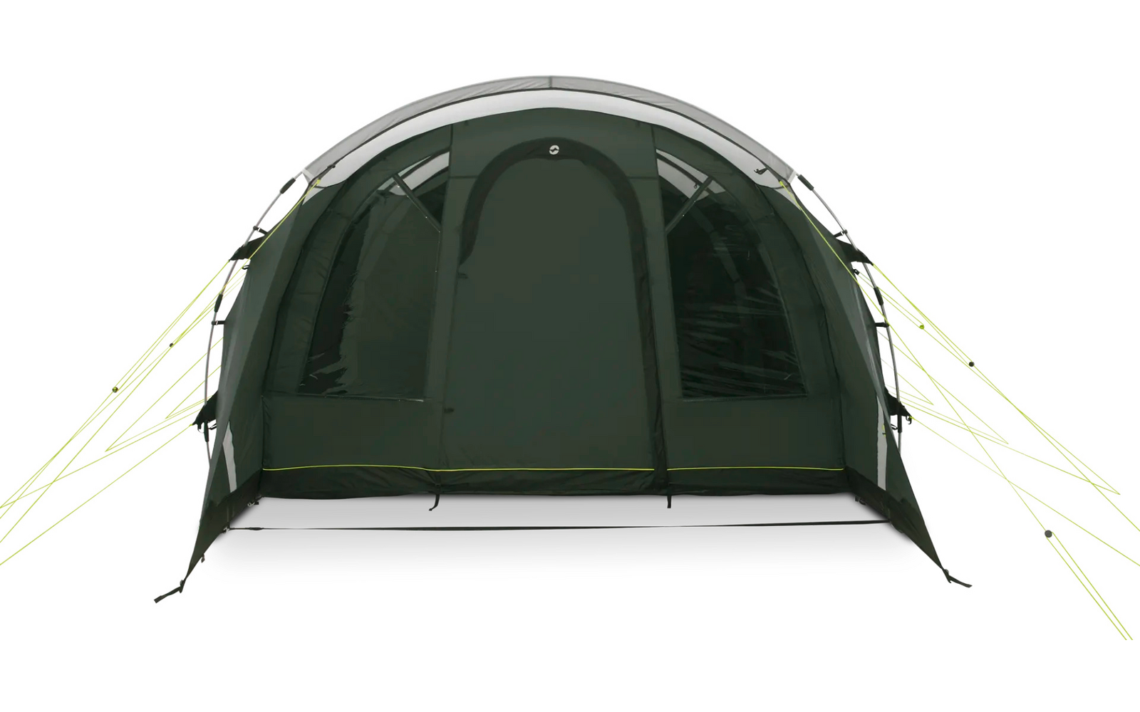 Vooraanzicht van een grote donkergroene tent met gesloten ritssluiting, zijramen en opgespannen scheerlijnen