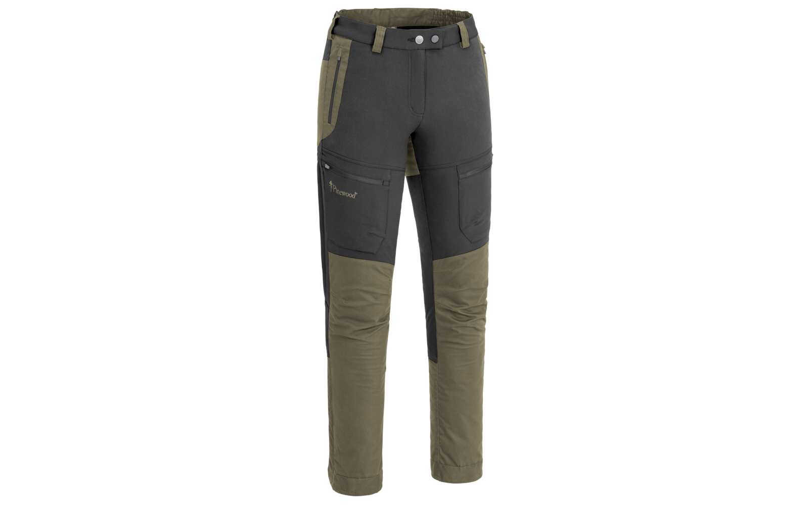 Schwarze und olivgrüne Outdoorhose mit mehreren Taschen und grauem Gürtel