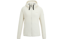 Veste à capuche de couleur crème avec fermeture éclair sur toute la longueur, cordons noirs, manches longues et poches latérales, sur fond blanc