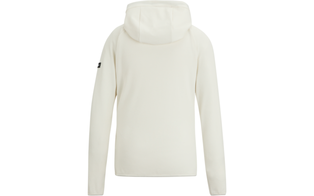 Rückenansicht eines cremeweißen Kapuzenpullovers mit langen Ärmeln auf weißem Hintergrund