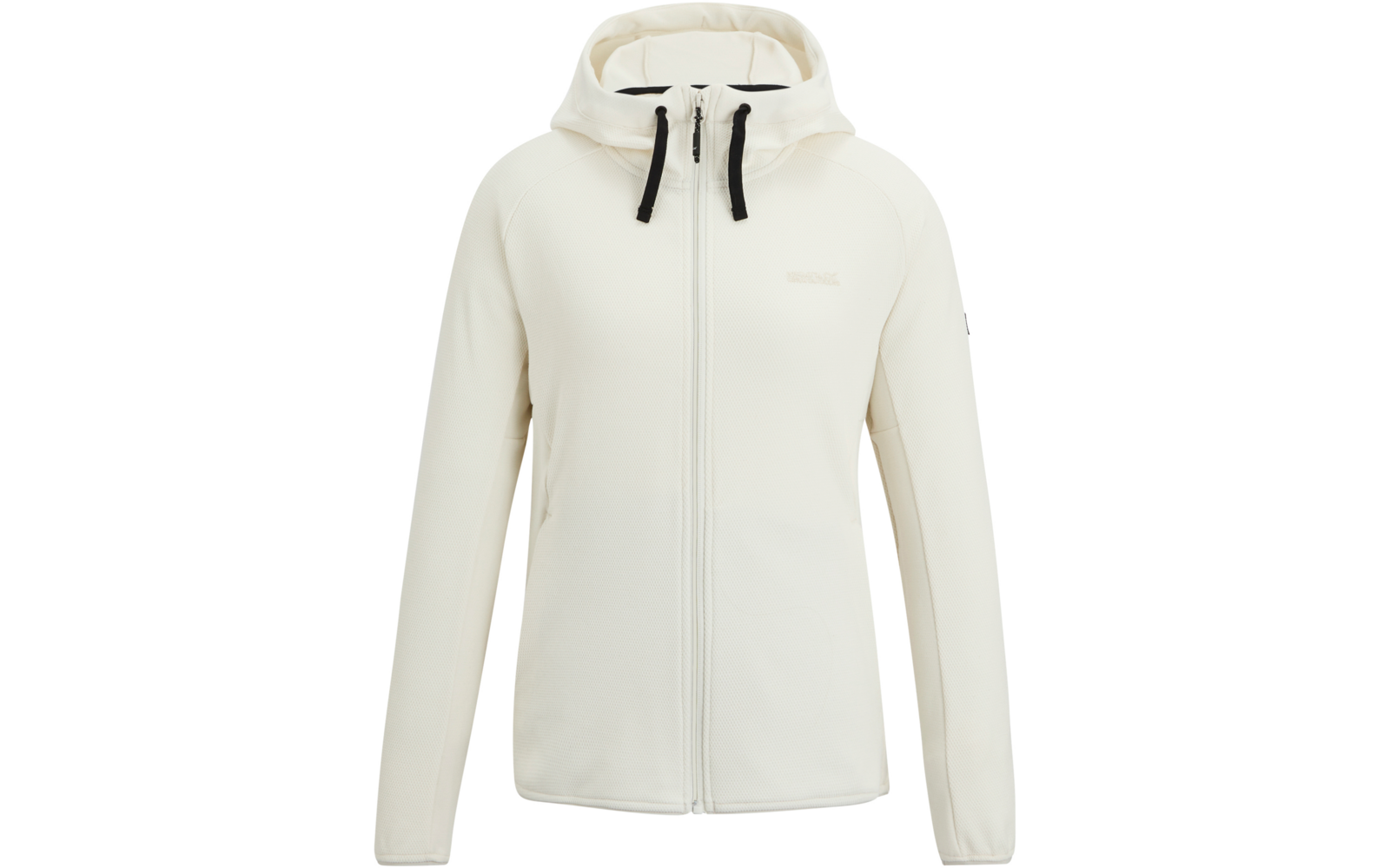 Cremefarbene Kapuzenjacke mit durchgehendem Reißverschluss, schwarzen Kordeln, langen Ärmeln und seitlichen Eingrifftaschen, vor weißem Hintergrund