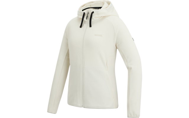 Cremefarbene Kapuzenjacke mit Reißverschluss vorn, schwarzen Kordeln an der Kapuze, seitlichen Taschen und kleinem Logo auf der Brust