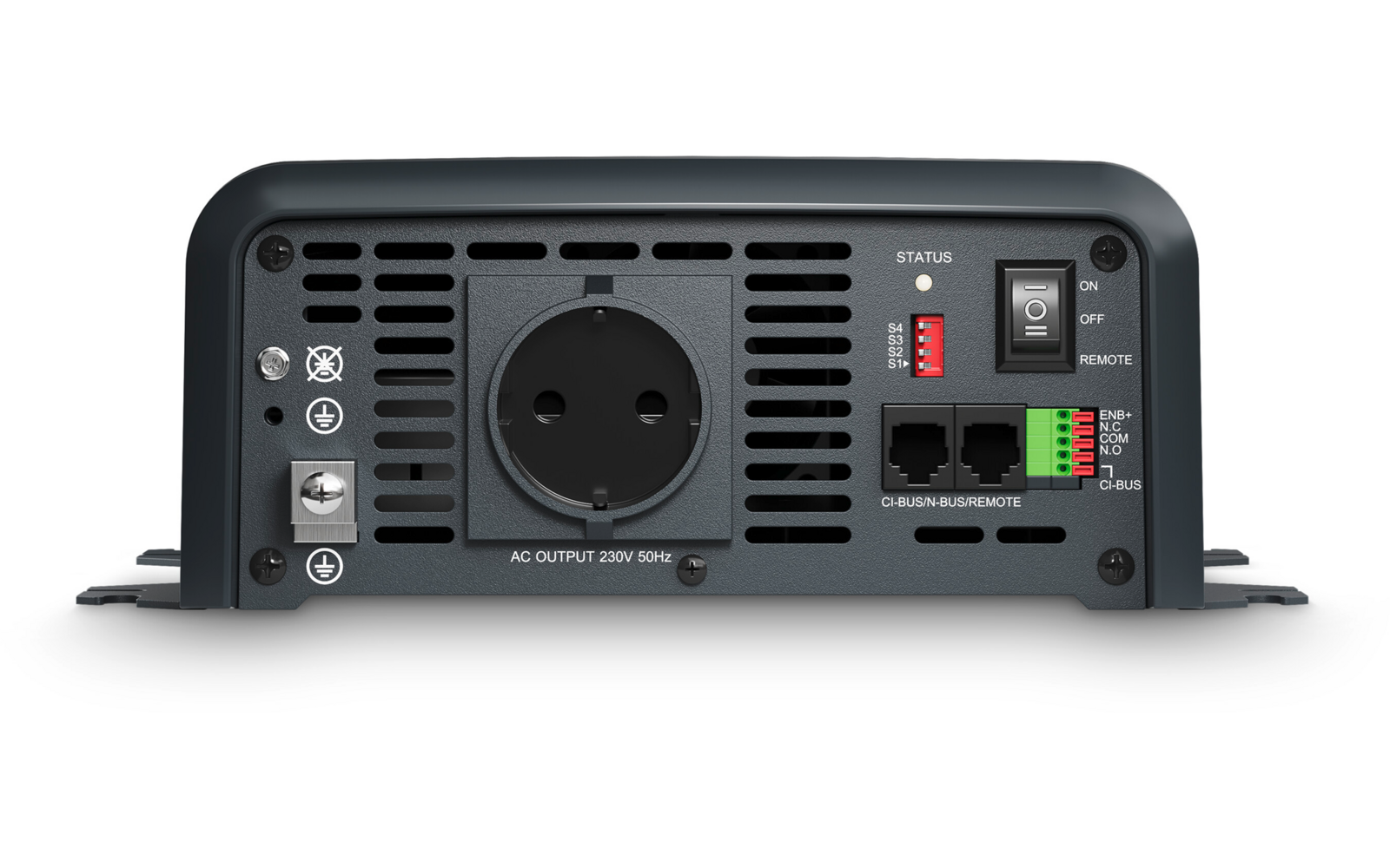 Rückseite eines dunkelgrauen Geräts mit Lüftungsschlitzen, runder Steckdose, Ein-/Ausschalter, roten DIP-Schaltern, Statusanzeige, grüner Klemmleiste und zwei Schraubklemmen