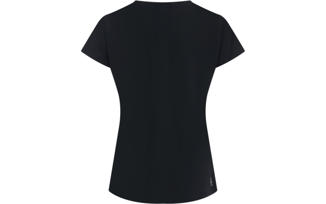 Schwarzes T-Shirt, Rückansicht, kurze Ärmel, taillierter Schnitt, mittige Naht, kleines weißes Logo am unteren rechten Saum