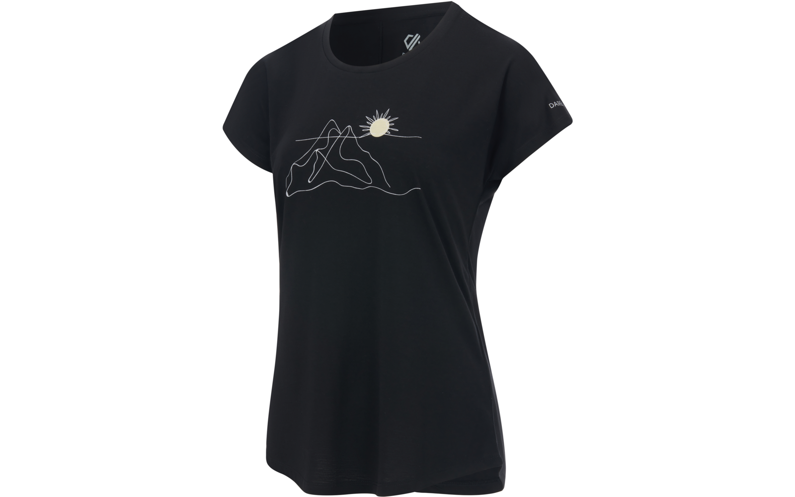 Schwarzes Damen-T-Shirt mit kurzen Ärmeln, weiße Linienzeichnung von Bergen und gelber Sonne auf der Brust, kleines weißes Logo auf der linken Ärmelaußenseite