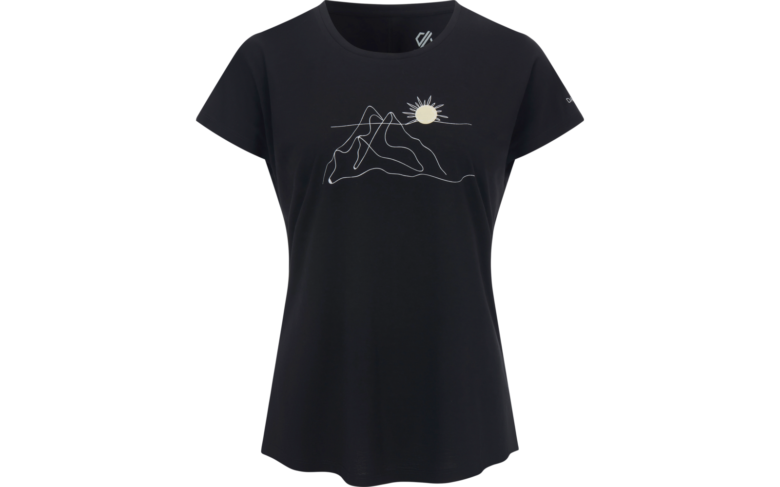 Schwarzes T-Shirt mit kurzen Ärmeln und Rundhalsausschnitt; weiße Linienzeichnung von Bergen und Sonne auf der Vorderseite; kleines weißes Logo im Nackenbereich