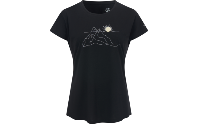 Schwarzes T-Shirt mit kurzen Ärmeln und Rundhalsausschnitt; weiße Linienzeichnung von Bergen und Sonne auf der Vorderseite; kleines weißes Logo im Nackenbereich