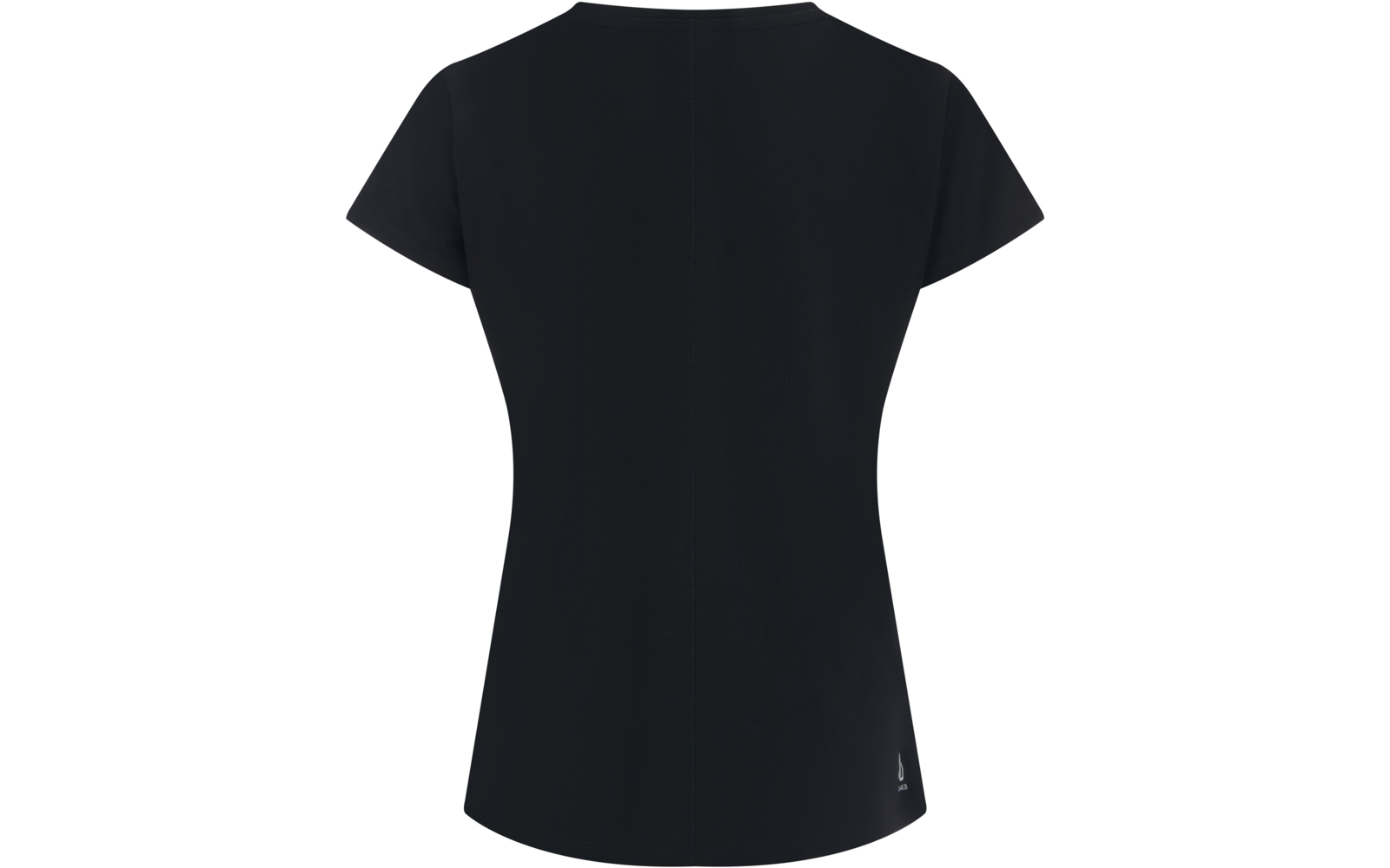 Schwarzes T-Shirt, Rückansicht, kurze Ärmel, taillierter Schnitt, mittige Naht, kleines weißes Logo am unteren rechten Saum