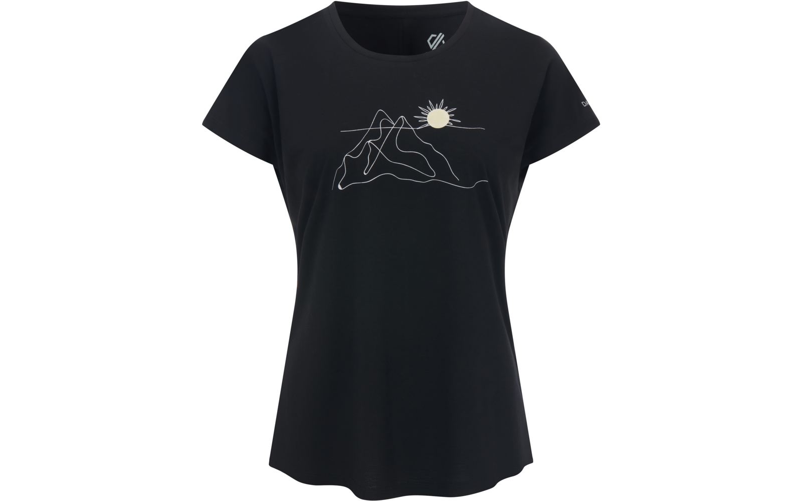 Schwarzes T-Shirt mit kurzen Ärmeln und Rundhalsausschnitt; weiße Linienzeichnung von Bergen und Sonne auf der Vorderseite; kleines weißes Logo im Nackenbereich