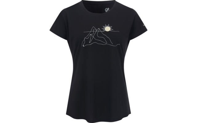 Schwarzes T-Shirt mit kurzen Ärmeln und Rundhalsausschnitt; weiße Linienzeichnung von Bergen und Sonne auf der Vorderseite; kleines weißes Logo im Nackenbereich