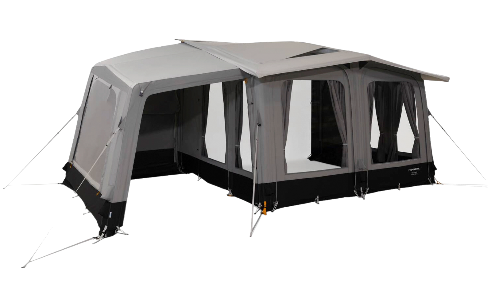 Large gray tent with multiple windows, an open entrance, support poles, and guy lines on a white background