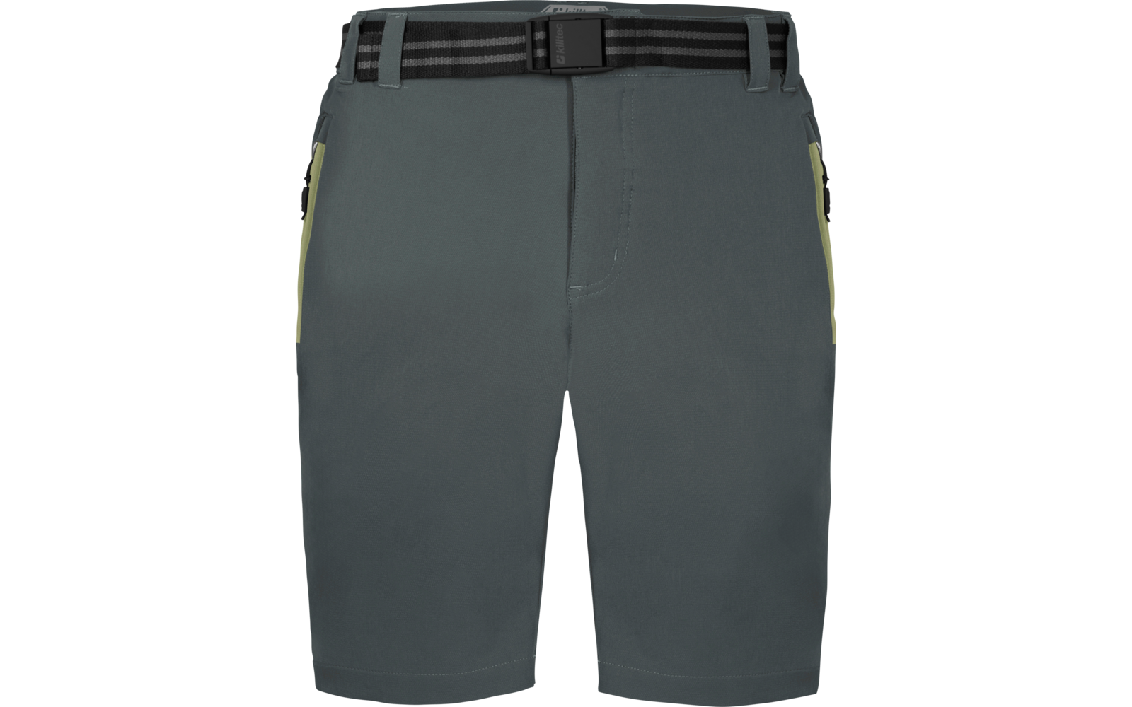 Graugrüne knielange Shorts mit schwarzem Gürtel, sichtbarer Frontnaht und seitlichen Reißverschlusstaschen mit hellgelbem Besatz