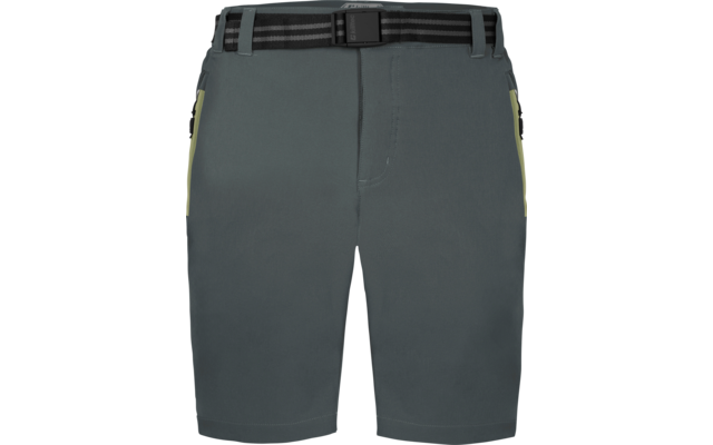 Graugrüne knielange Shorts mit schwarzem Gürtel, sichtbarer Frontnaht und seitlichen Reißverschlusstaschen mit hellgelbem Besatz