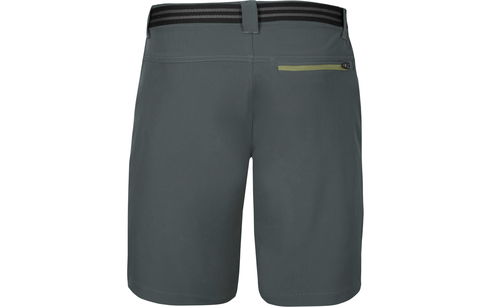 Rückansicht dunkelgrau-grüner Shorts mit elastischem Bund, Gürtelschlaufen und rechter Reißverschlusstasche mit hellgrünem Reißverschluss