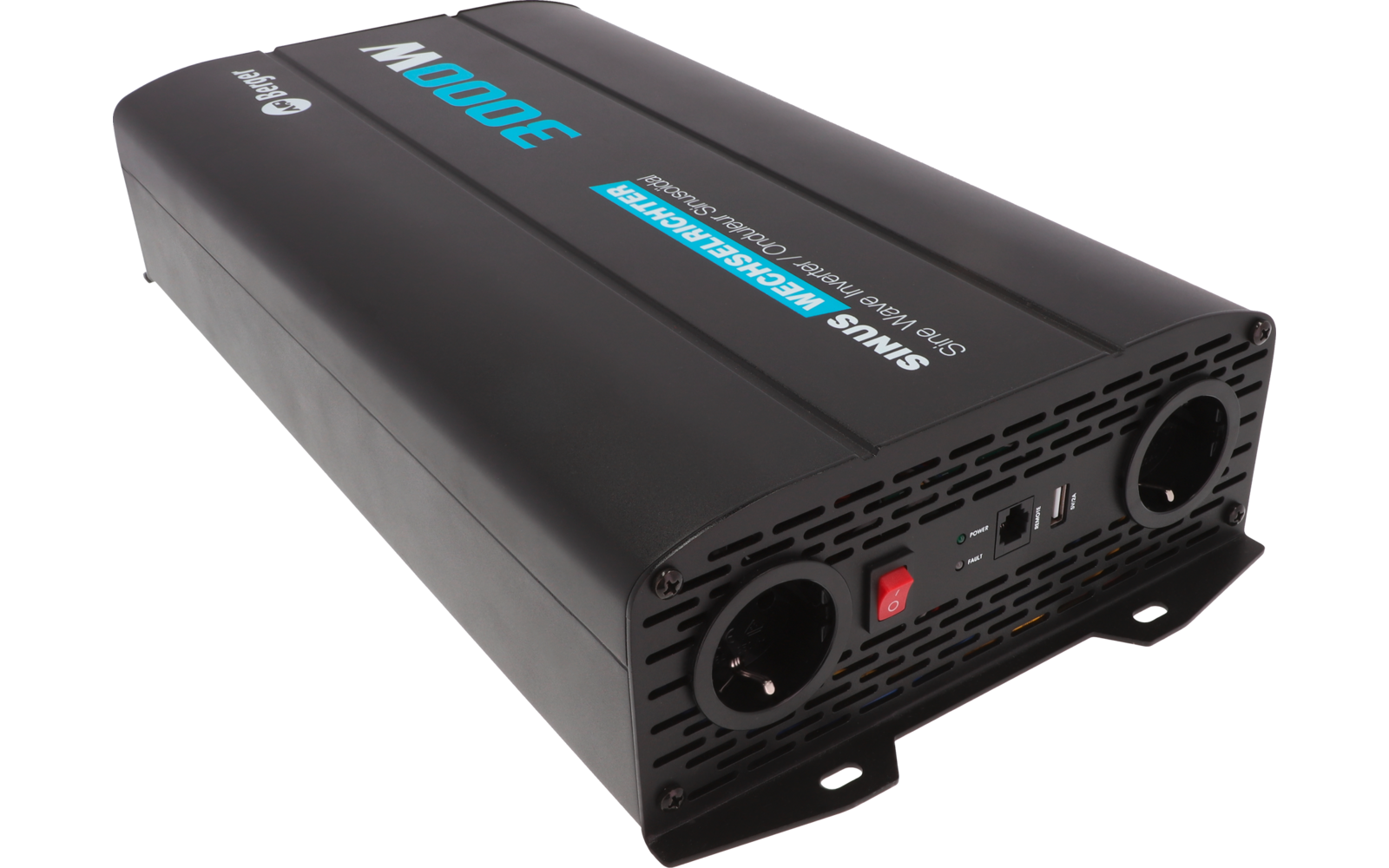 Schwarzes rechteckiges Gerät mit zwei runden Steckdosen an der Vorderseite, USB-Anschluss, rotem Schalter, Lüftungsschlitzen und der Aufschrift "INODE" auf der Oberseite