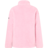 Roze fleecejack, achteraanzicht, hoge kraag, lange mouwen, zachte teddytextuur, klein logo op linkermouw, witte achtergrond