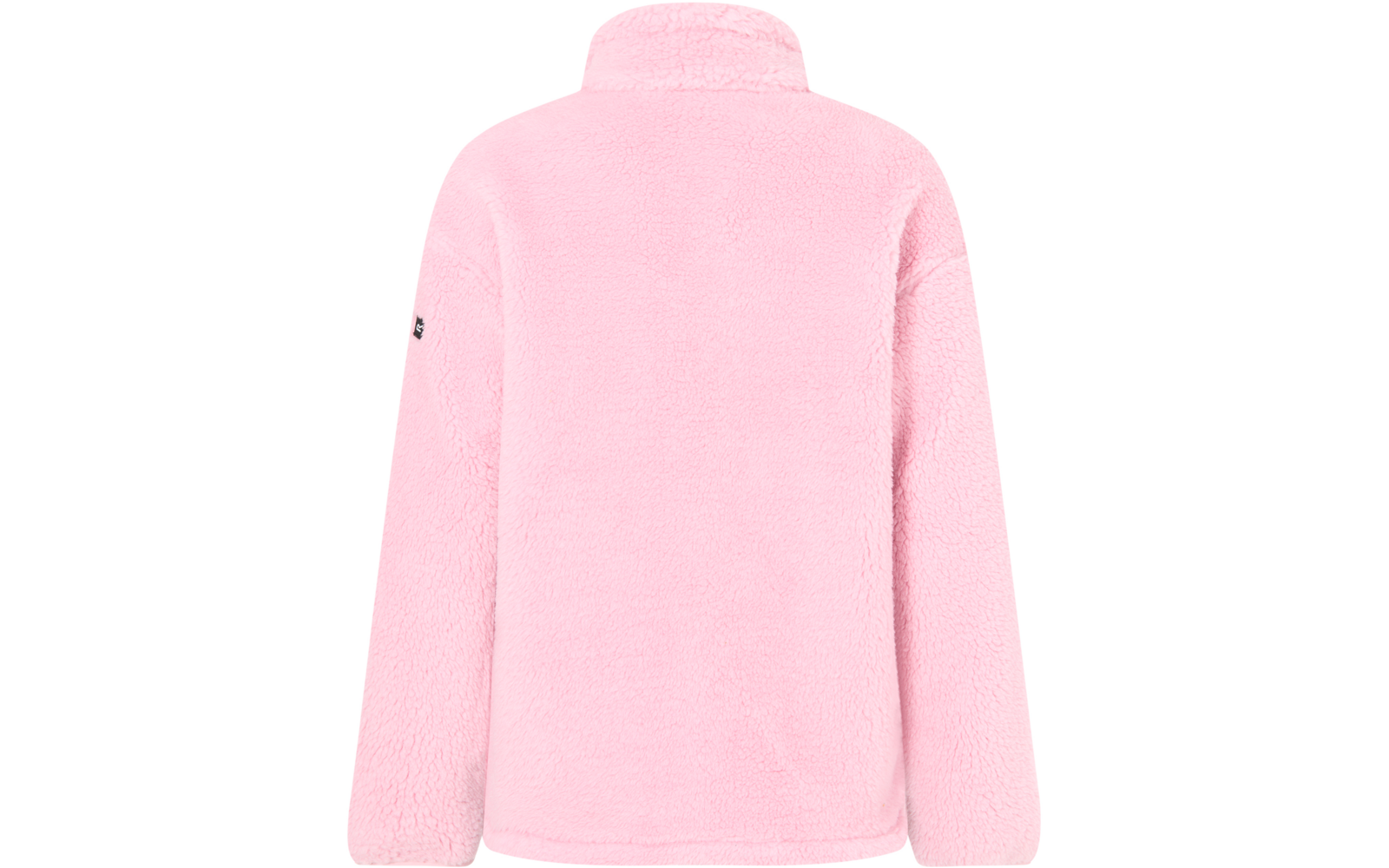 Roze fleecejack, achteraanzicht, hoge kraag, lange mouwen, zachte teddytextuur, klein logo op linkermouw, witte achtergrond