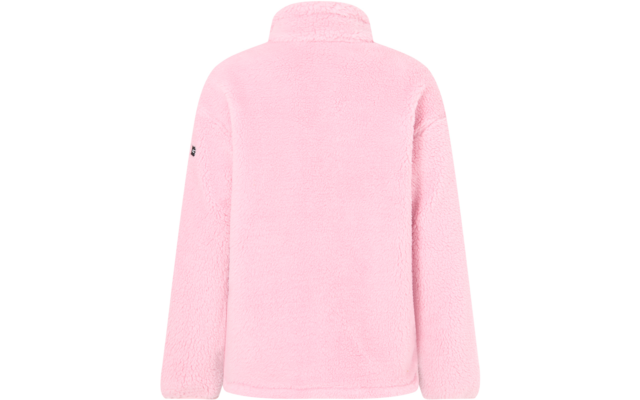 Roze fleecejack, achteraanzicht, hoge kraag, lange mouwen, zachte teddytextuur, klein logo op linkermouw, witte achtergrond